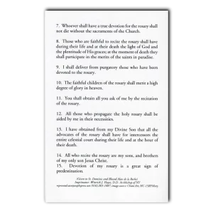 Fifteen Rosary Promises of the Blessed Virgin Mary holy card back