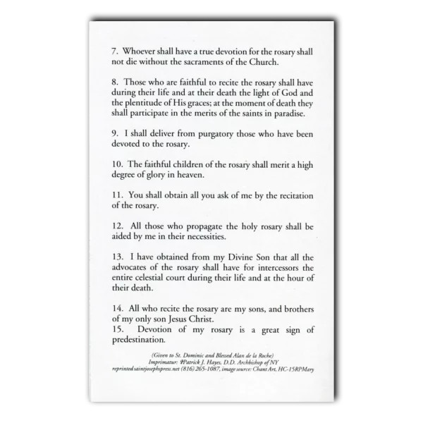 Fifteen Rosary Promises of the Blessed Virgin Mary holy card back