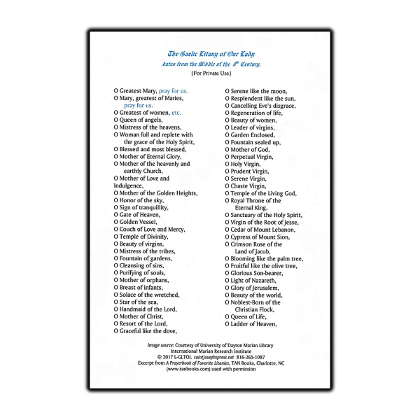 Gaelic Litany of Our Lady litany card back