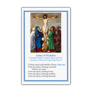 Litany of Humility holy card Crucifixion