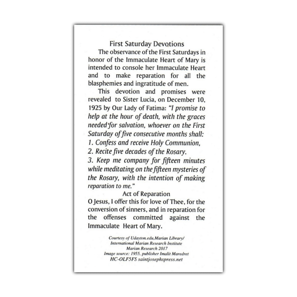 Our Lady of Fatima First Saturdays Holy Card prayers