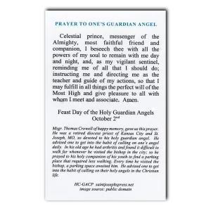 Prayer to One's Guardian Angel holy card prayer