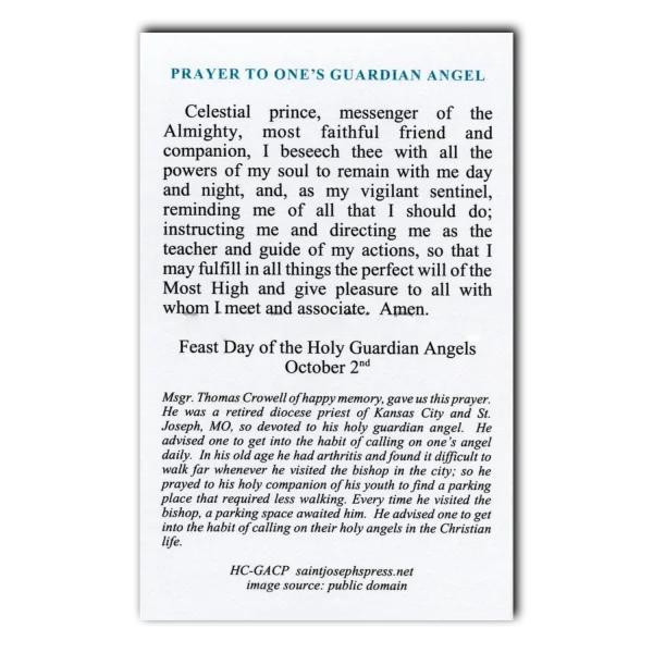 Prayer to One's Guardian Angel holy card prayer