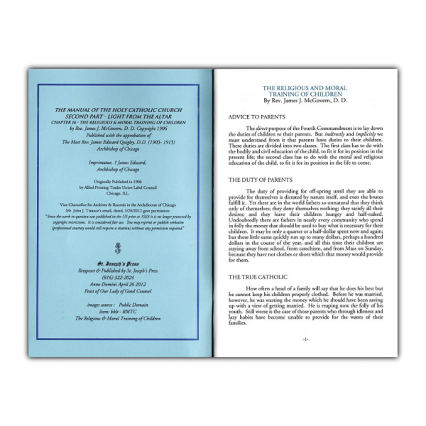 Religious and Moral Training of Children booklet inside sample page