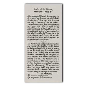 Saint Athanasius holy card reverse side