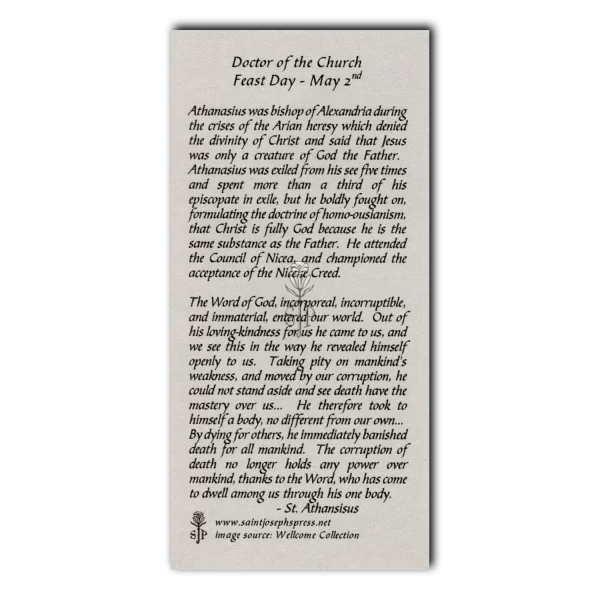 Saint Athanasius holy card reverse side