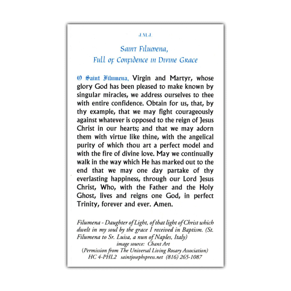 Saint Filumena holy card prayer