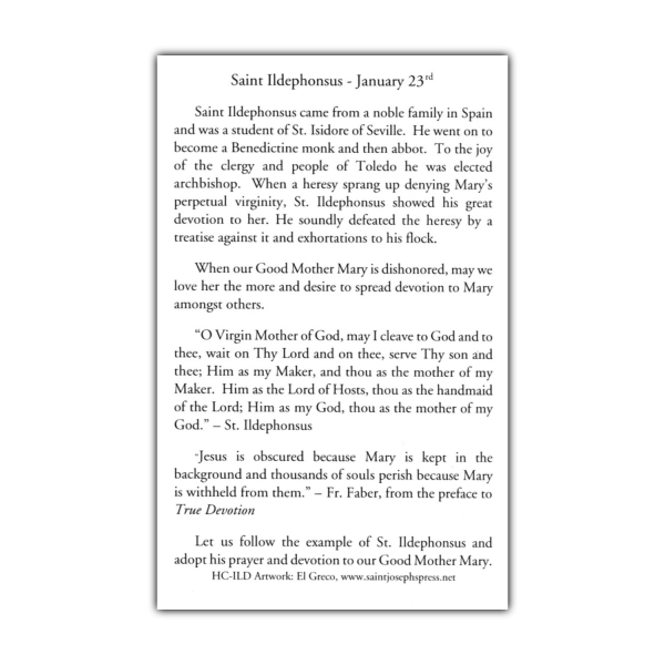 Saint Ildephonsus holy card prayer
