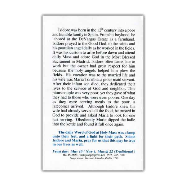 Saint Isidore and Blessed Maria holy card prayer