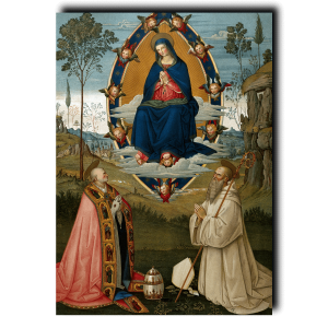 Saint Mary (the Blessed Virgin) in glory with Saint Gregory and Saint Benedict. (Chromolithograph by C. Schultz - Wellcome Collection)