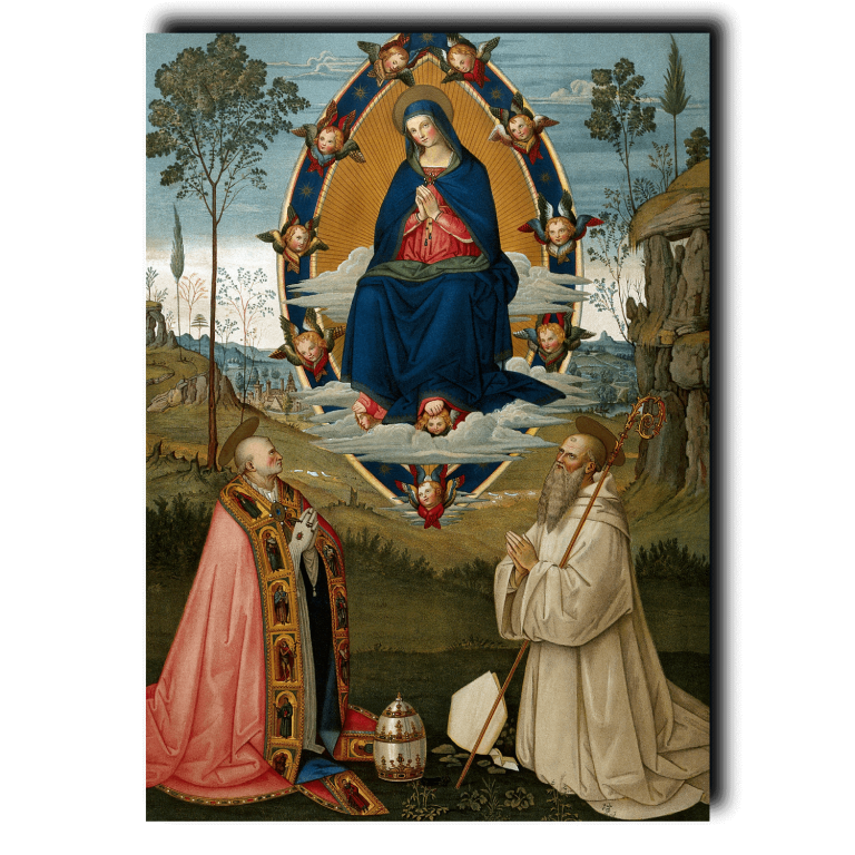 Saint Mary (the Blessed Virgin) in glory with Saint Gregory and Saint Benedict. (Chromolithograph by C. Schultz - Wellcome Collection)