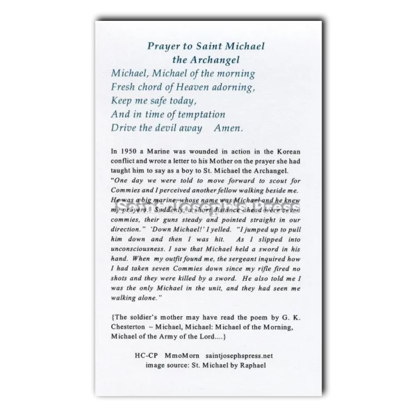 Saint Michael of the Morning holy card prayer