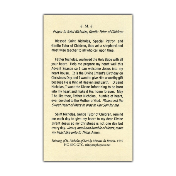 Saint Nicholas Gentle Tutor holy card prayer