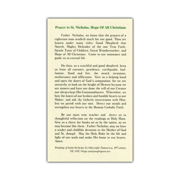 Saint Nicholas Hope of All Christians holy card prayer
