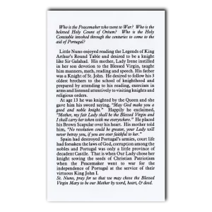 Saint Nuno Alvarez holy card 1 reverse