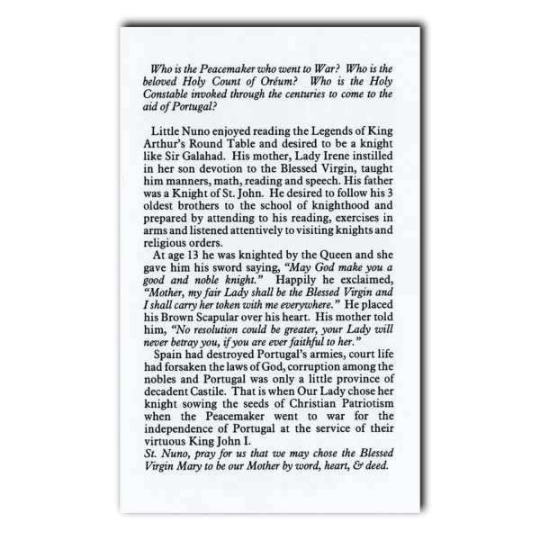 Saint Nuno Alvarez holy card 1 reverse