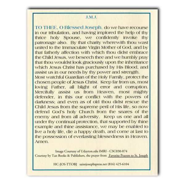 To Thee O Blessed Joseph holy card prayer