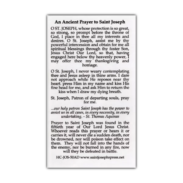 Ancient Prayer to Saint Joseph holy card prayer