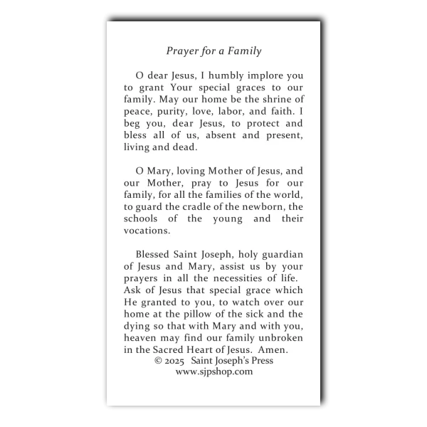 Prayer for a Family holy card prayer - Holy Family holy card